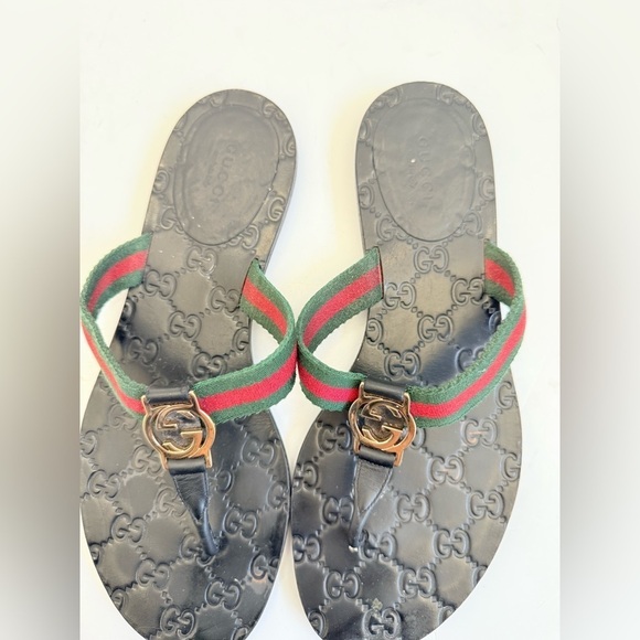 Gucci Black Red Green Leather Fabric GG web Thong flat sandals EU 39.5 - Picture 3 of 11